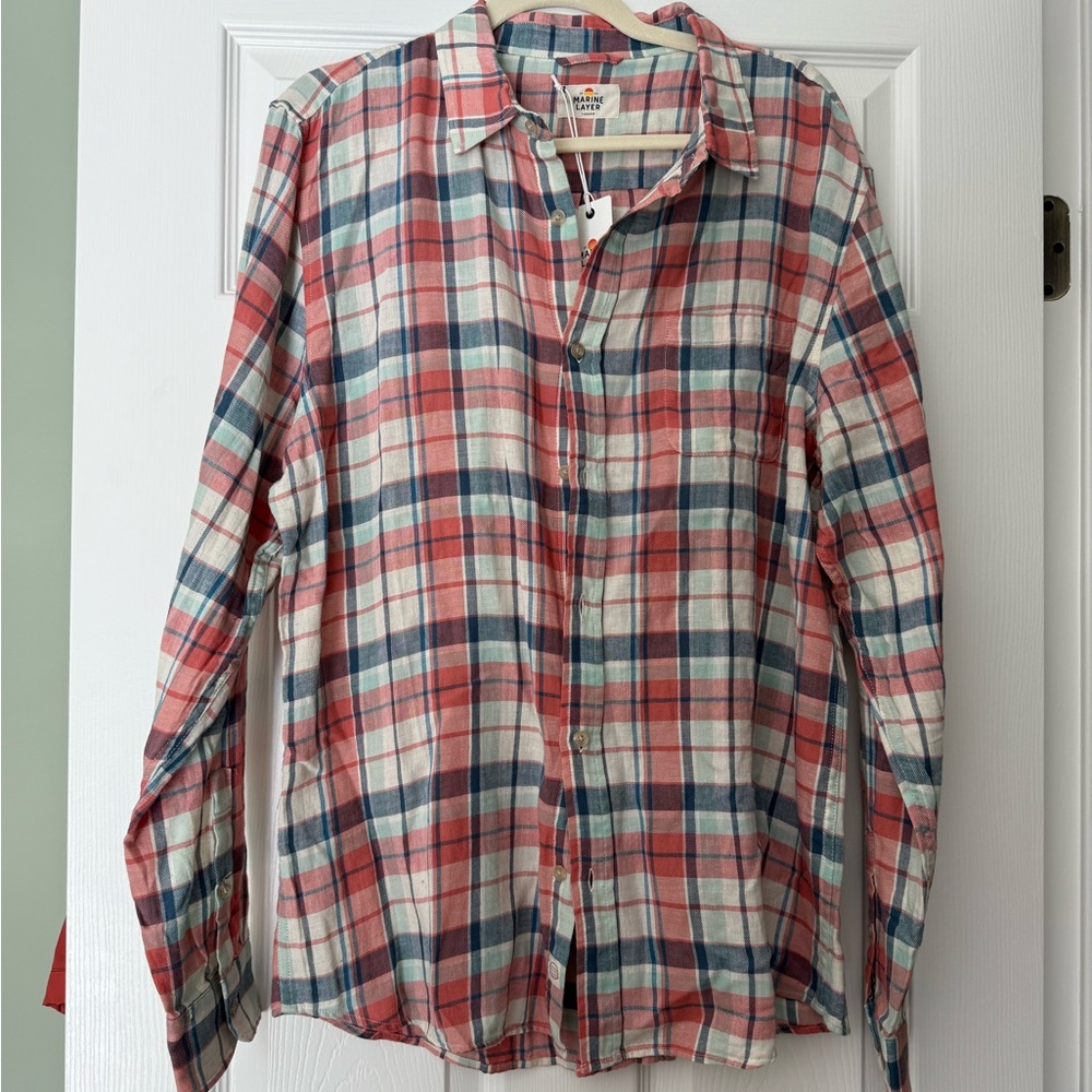 Marine Layer Mens Larger Pink and Blue Plaid Rolfe Button Down